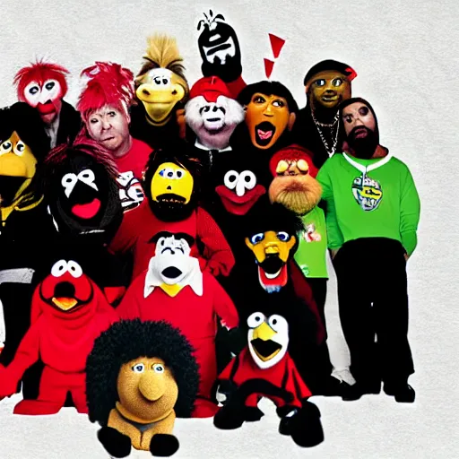 Prompt: wu - tang clan as muppets in stage red black colour scheme, highly detailed
