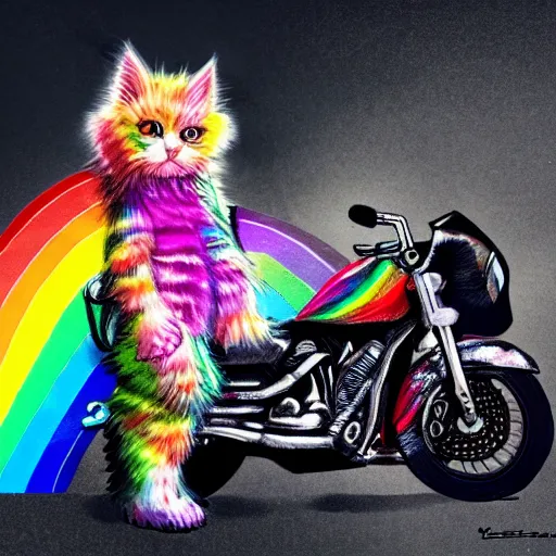 Image similar to wide angle full body, jacket wearing fluffy cute rainbow kitten wearing a black leather motorcycle jacket, cinematic concept art