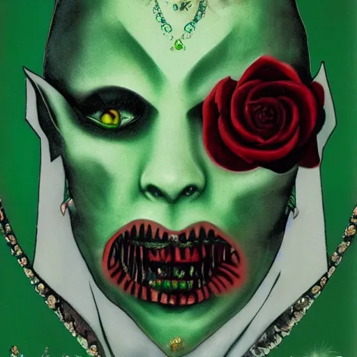 Image similar to 1990's movie poster for Vampire: the Masquerade, gothic horror, rose motif on bottom, stunning perfect face, background green marble, highly detailed by Drew Struzan