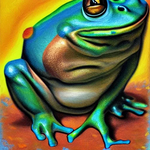 Image similar to zuma frog shooting balls from its mouth, surrealist painting