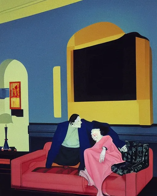 Prompt: old dead couple on couch watching a large obsidian television screen inside a yellow art deco interior room in the style of Francis Bacon and Syd Mead, open ceiling, highly detailed, painted by Francis Bacon and Edward Hopper, painted by James Gilleard, surrealism, airbrush, very coherent, triadic color scheme, art by Takato Yamamoto and James Jean