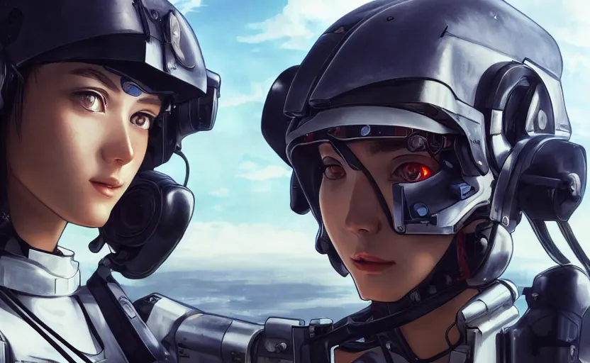 Image similar to zero pilot girl, cyborg aircraft parts, anime style, military pilot clothing, shoulder eyes, hair down, symmetrical facial features, from arknights, hyper realistic, 4 k, rule of thirds, extreme detail, detailed drawing, trending artstation, realistic lighting, by alphonse mucha, greg rutkowski, backlit