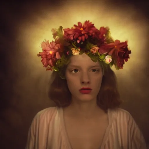 Prompt: movie still of the girl with the flowers head, cinematic composition, cinematic light, by edgar wright and david lynch, surrealist art, surreal wave art