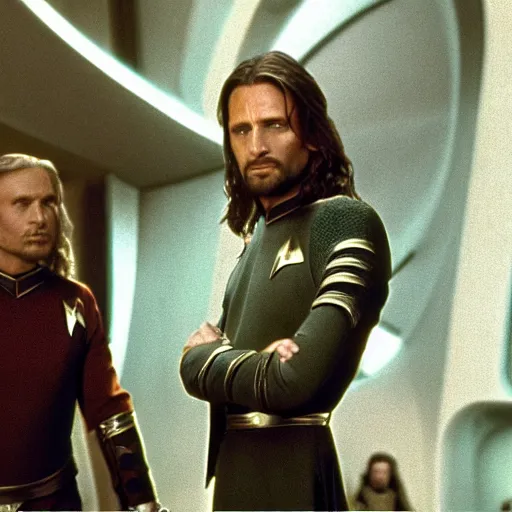 Prompt: A still of Aragorn as Captain Kirk on Star Trek