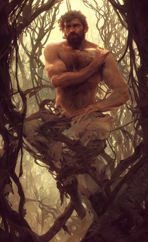 Image similar to portrait of the god of the forest, 30 years old, rugged, male, gorgeous, detailed face, amazing, thighs!!!!!!, muscular, intricate, highly detailed, digital painting, artstation, concept art, sharp focus, illustration, art by greg rutkowski and alphonse mucha