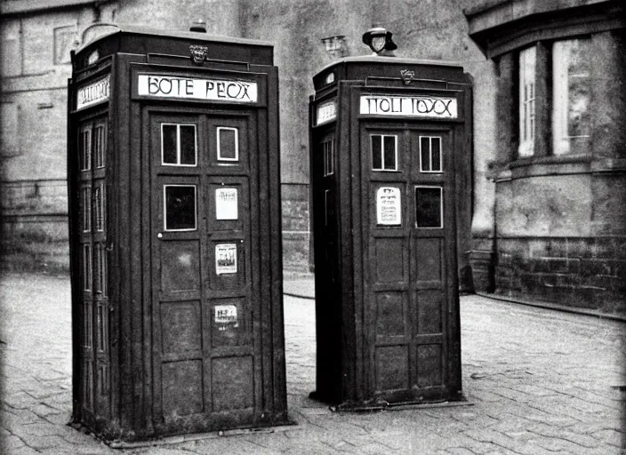 Image similar to photo of a metropolitan police box in suburban london, police box, 1930s, sepia, blurry, faded