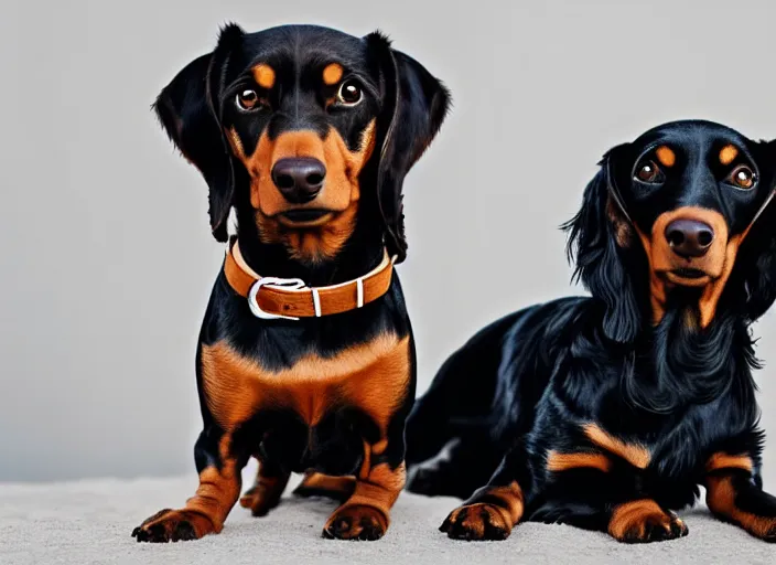 Image similar to a short - haired brown dachshund and an all black cavalier king charles, 5 0 mm