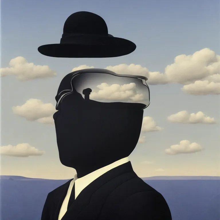 Image similar to portrait of a faceless reflective chrome - head man in a suit and black gloves, clouds and nature landscape in the background, by rene magritte, detailed painting, distance, centered, hd, hq, high resolution, high detail, 4 k, 8 k