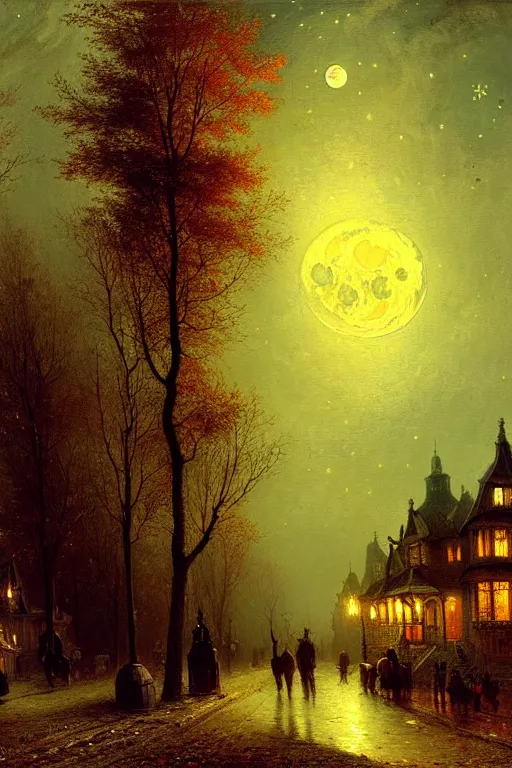 Image similar to detailed painting of a victorian living capsule architecture, spooky night scene, moon stars, autumn trees, street lights, filigree ornaments, andreas achenbach