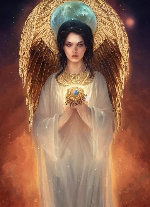 Image similar to A beautiful digital painting of a female Seraphim full of jewels, princess, the moon behind her, intricate, cinematic lighting, highly detailed, digital painting, Artstation, concept art, smooth, sharp focus, illustration, art by Tom Bagshaw, Artgerm and Greg Rutkowski