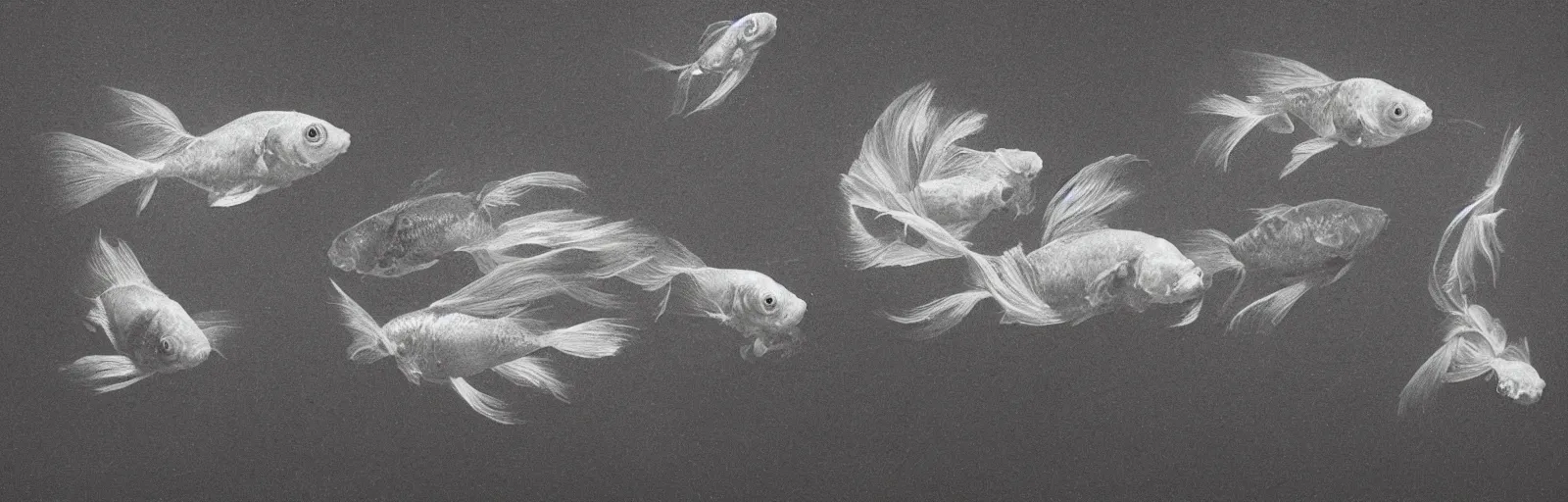 Prompt: An aesthetically pleasing, dynamic, energetic, lively, well-designed digital art of goldfish in a pond viewed from underwater, light and shadow, chiaroscuro, by Ohara Koson, superior quality, masterpiece, excellent use of negative space. 8K, superior detail, widescreen.