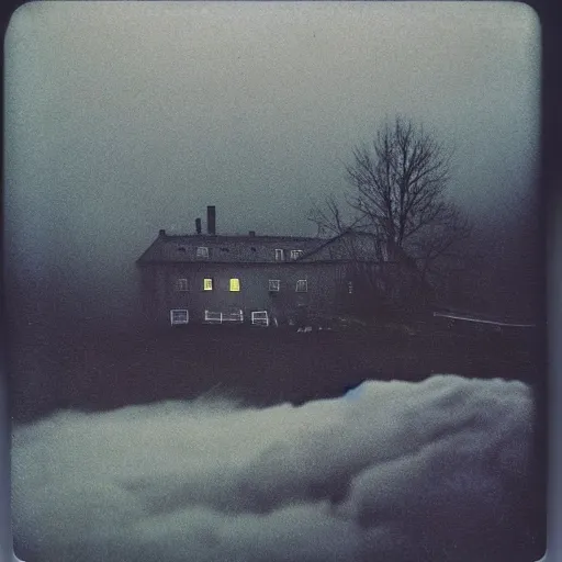 Image similar to polaroid by andrei tarkovsky and stephen gammell, surreal fever ray video of nordic house with sprials of fog pouring out of every window, rim light, shot at night with studio lights, liminal space, photorealistic, high definition, technicolor, award - winning photography, masterpiece, amazing colors,