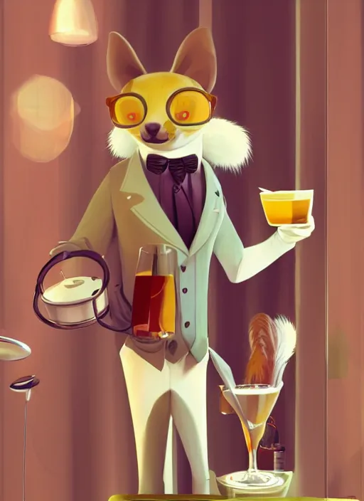 Image similar to squirrel anthro as a dapper bartender with a big fluffy tail, retro futurism, art deco, detailed painterly digital art by Goro Fujita, 🐿🍸🍋, furaffinity, trending on artstation