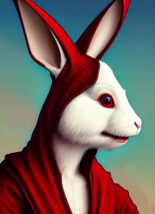 Prompt: close up portrait of anthropomorphic white rabbit, large floppy ears hanging down, big round eyes by artgerm, cushart krenz, greg rutkowski, mucha. art nouveau. gloomhaven, red tones, vibrant colors, sharp edges. ultra clear detailed. 8 k. elegant, intricate, octane render