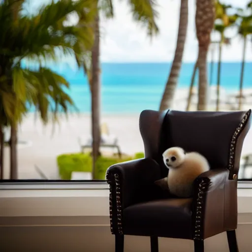 Prompt: a baby harp seal sitting near a box marked top secret, sitting on a beautiful dark leather chair at a luxury resort, palm trees outside the windows, panasonic, photo, gentle bokeh