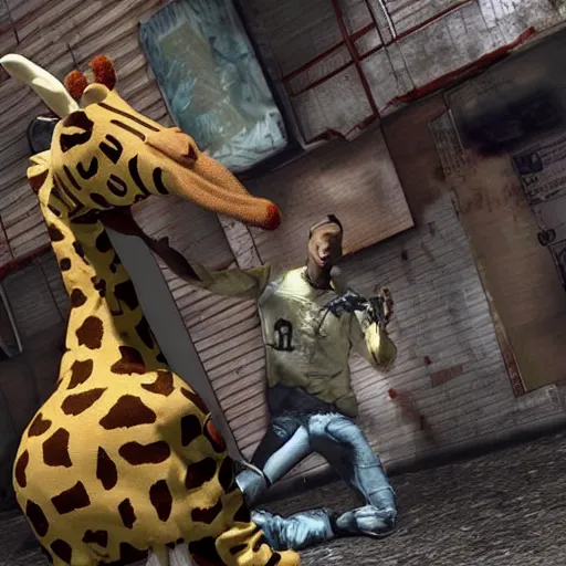 Prompt: a cute stuffed giraffe fighting zombies in resident evil, realistic, hyper detailed