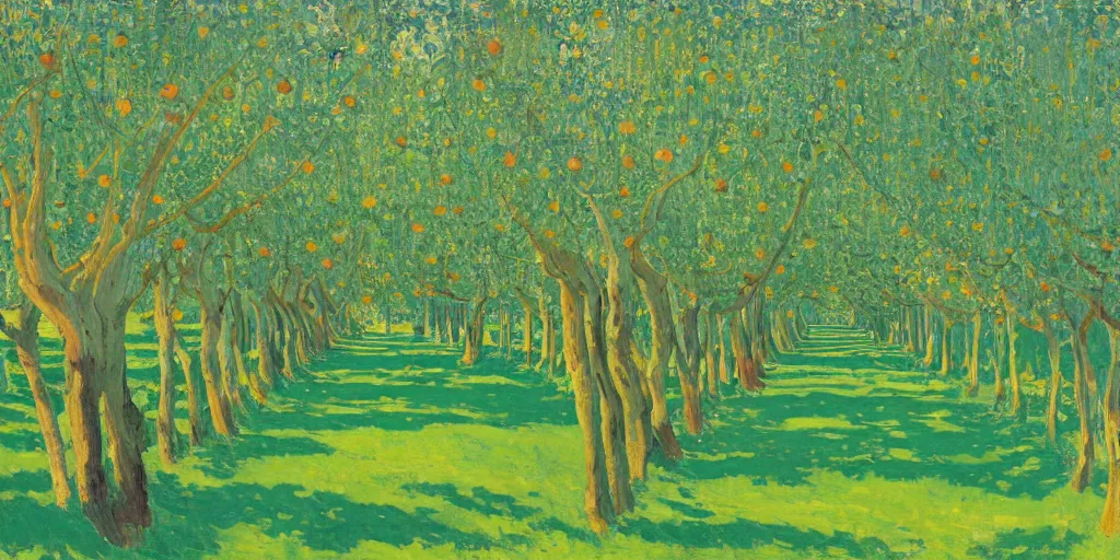 Prompt: a beautifully detailed painting of an inexplicably magical grove of apple trees that stretch and twine upwards forming a vast colonnade of trunks that stretch out in rows far into the distance of a valley of lush green grass, by Cuno Amiet, trending on artstation deviantart