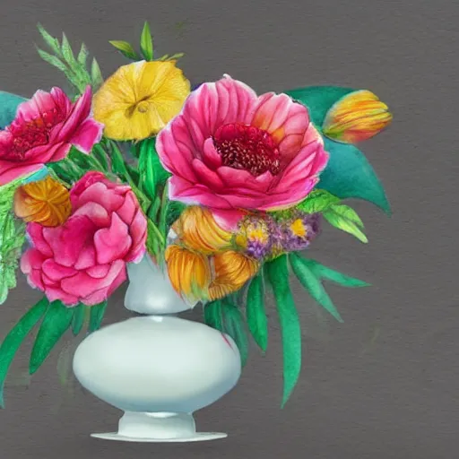 Image similar to a porcelain vase with a colorful and beautiful flower arrangement. watercolor and pencil drawing style. beautiful lighting, 4 k post - processing, trending in art station, cg society, highly detailed, 5 k extremely detailed, 3 d. cinematic scene.