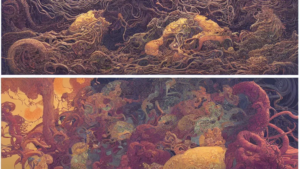 Image similar to highly detailed illustration of chaotic tenderness by moebius!, by oliver vernon, by joseph moncada, by damon soule, by manabu ikeda, by kyle hotz, by dan mumford, by kilian eng