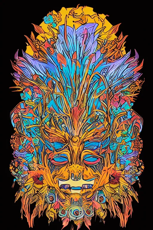 Image similar to animal mask totem roots flower tribal feather gemstone plant wood rock shaman vodoo video game vector cutout illustration vivid multicolor borderlands comics by josan gonzales and dan mumford radiating a glowing aura