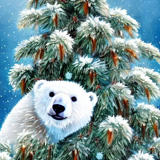 Image similar to cute fluffy happy baby polar bear cub playing in snowy christmas tree landscape detailed painting 4k