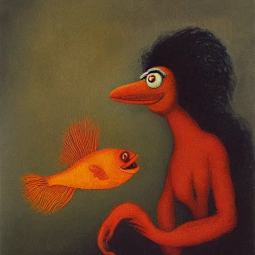 Prompt: by Remedios Varos, a portrait of Elmo from Sesame Street and his goldfish Dorothy, oil painting, traditional.