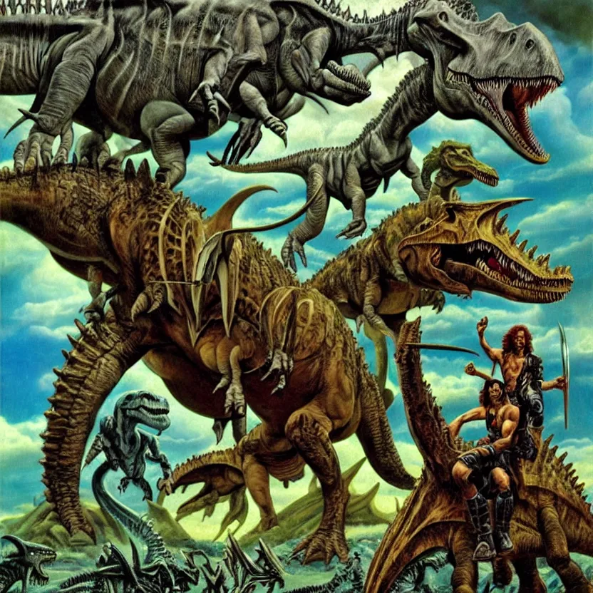 Image similar to metalheads riding dinosaurs in the space jungle, boris vallejo style, lord of the rings