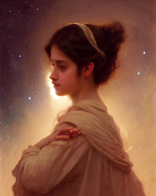 Image similar to a portrait painting of a shy, blushing 1 6 - year old princess resembling alicia vikander at night with a sky full of stars, intricate, elegant, highly detailed, artstation, concept art, by krenz cushart and artem demura and william adolph bouguereau and alphonse mucha