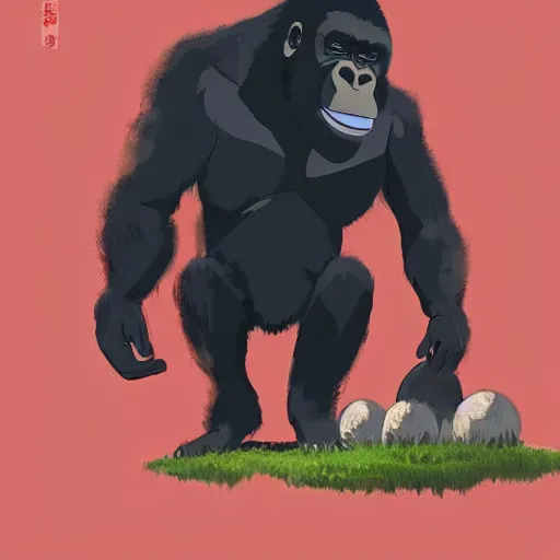 Prompt: gorilla wearing a black shirt, holding a red mushroom, landscape illustration concept art anime key visual trending pixiv fanbox by wlop and greg rutkowski and makoto shinkai and studio ghibli and kyoto animation