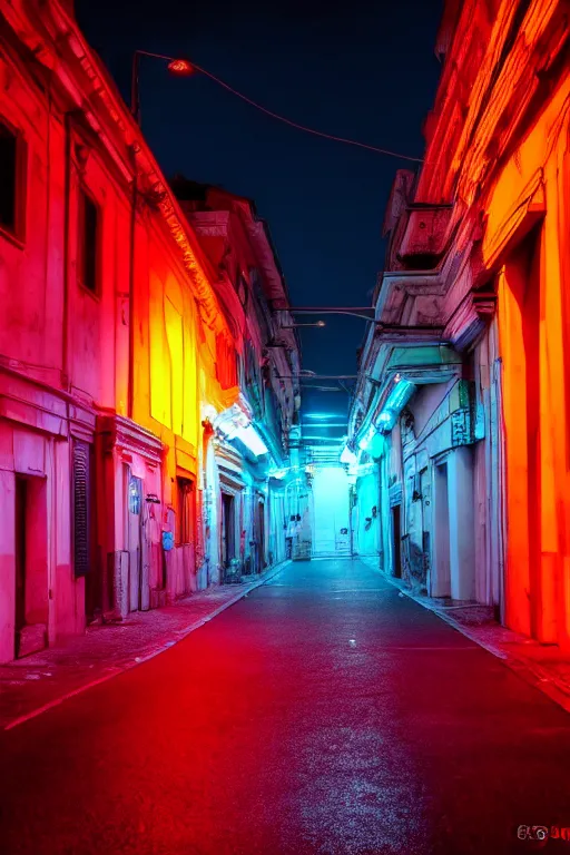 Image similar to neon streets of rome, 4 k, award winning photo, cyberpunk style