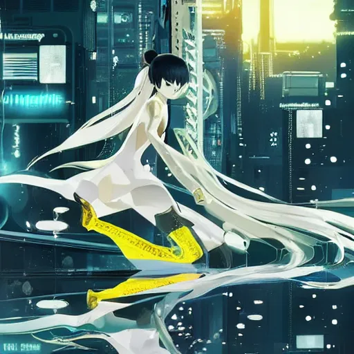 Image similar to luxury advertisement, white and yellow colors. highly detailed post-cyberpunk sci-fi close-up schoolirl in asian city in style of cytus and deemo, mysterious vibes, by Ilya Kuvshinov, by Greg Tocchini, nier:automata, set in half-life 2, beautiful with eerie vibes, very inspirational, very stylish, surrealistic, perfect digital art, mystical journey in strange world, bastion game