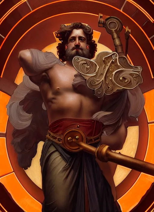 Image similar to the greek god hephaestus, brown hair, holding hammer, steampunk, beautiful glowing eyes, volumetric lights, red and orange theme, art nouveau botanicals, intricate, highly detailed, digital painting, artstation, concept art, smooth, sharp focus, cinematic, illustration, beautiful face, art by artgerm and greg rutkowski and alphonse mucha