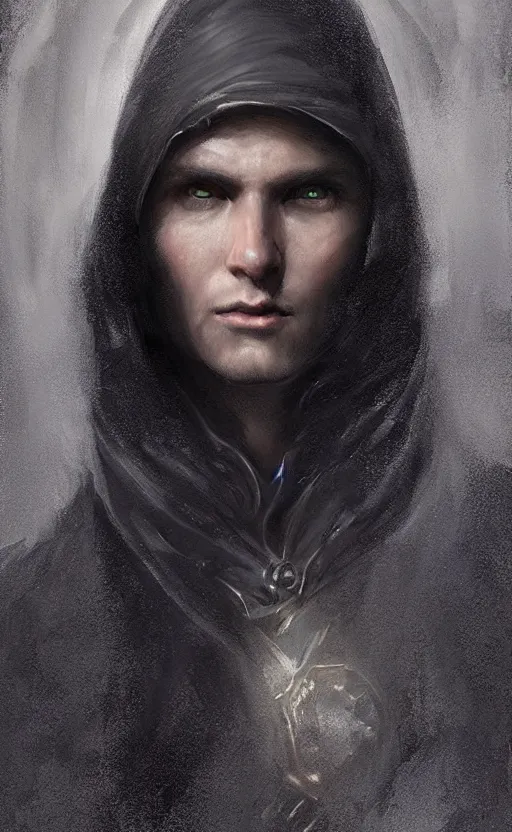 Image similar to Portrait of an elf in a black cloak with dark hair, dark skin, male, detailed face, fantasy, highly detailed, cinematic lighting, digital art painting by greg rutkowski