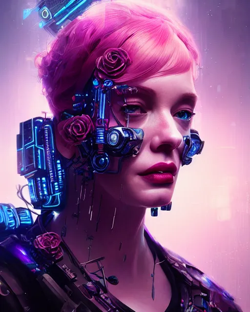 Image similar to portrait of christina hendricks as a cyberpunk cyborg. roses, sci - fi, intricate abstract upper body intricate artwork, by tooth wu, wlop, beeple, dan mumford. concept art, octane render, deviantart, greg rutkowski, cinematic arthouse, key art, hyper realism, iridescent accents