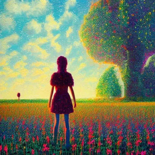 Image similar to giant flower head, girl standing in flower field, surreal photography, big trees, sunrise dramatic light, impressionist painting, colorful clouds, digital painting, pointillism, artstation, simon stalenhag