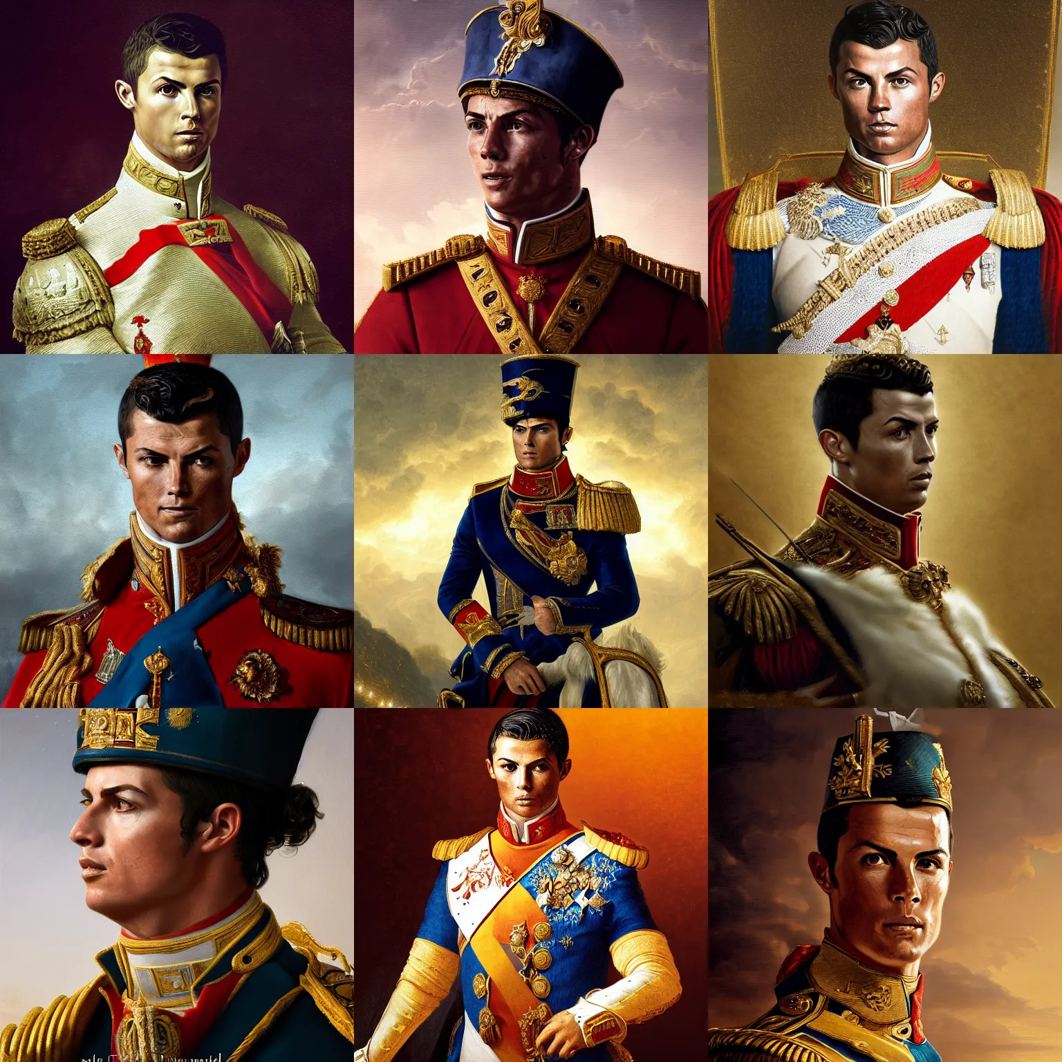 Prompt: Portrait of Cristiano Ronaldo as Emperor Napoleon, stunning screensaver, screensaver, head slightly tilted, natural light, elegant, intricate, fantasy, atmospheric lighting, cinematic, matte painting, Greg Rutkowski