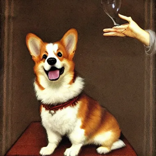 Image similar to happy corgi dog, renaissance art style