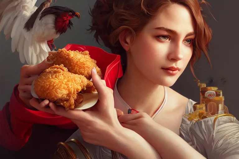 Image similar to kfc chicken, portrait, elegant, intricate, digital painting, artstation, concept art, smooth, sharp focus, illustration, art by artgerm and greg rutkowski and alphonse mucha