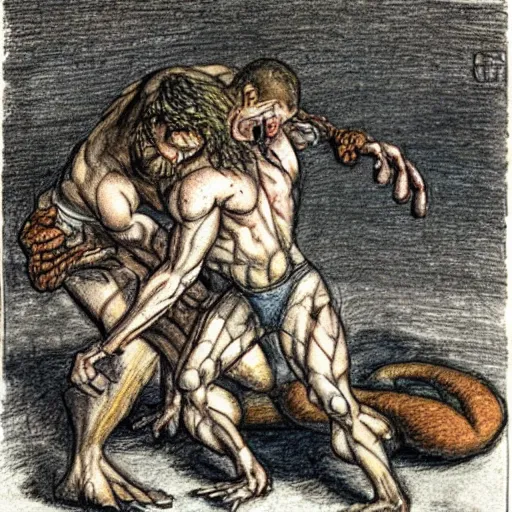 Prompt: a muscular frog man suplexing a toad man in a wrestling ring, detailed, artist arthur rackham, pastel colors