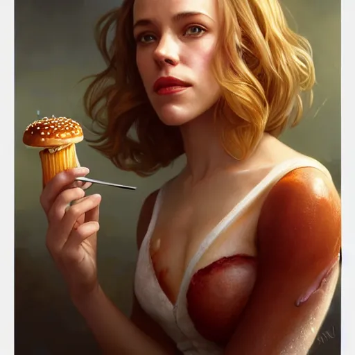 Prompt: portrait of Rachel McAdams eating hamburgers, extra onions and ketchup, luscious patty with sesame seeds, feminine ethereal, handsome, D&D, fantasy, intricate, elegant, highly detailed, digital painting, artstation, concept art, matte, sharp focus, illustration, art by Artgerm and Greg Rutkowski and Alphonse Mucha
