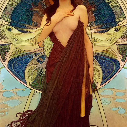 Prompt: detailed portrait art nouveau painting of Ashley Liao as the goddess of the sun, with anxious, piercing eyes, by Alphonse Mucha, Michael Whelan, William Adolphe Bouguereau, John Williams Waterhouse, and Donato Giancola