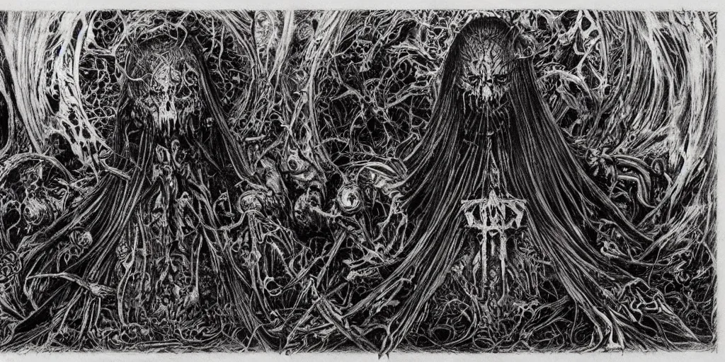 Image similar to Darkthrone themed drawing of unholy darkness black metal logo concept, intricate artwork by Christophe Szpajdel, H.R. Giger, Johnatan Wayshak, Zdizslaw Beksinski, Ayami Kojima, Amano, Karol Bak, Moebius, and Mark Brooks, Neo-Gothic, gothic, rich deep colors, art by Takato Yamamoto, masterpiece, face by Artgerm, very coherent artwork, cinematic, hyper realism, high detail, octane render, unreal engine, 8k, High contrast, golden ratio, trending on cgsociety