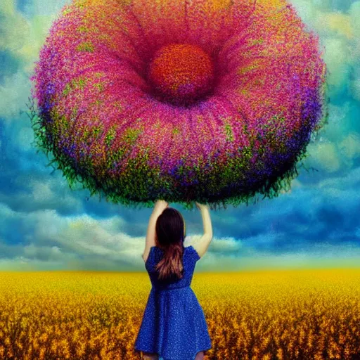 Prompt: huge flower head, girl standing in flower field, surreal photography, big trees, sunrise dramatic light, impressionist painting, colorful clouds, digital painting, pointillism, artstation, simon stalenhag