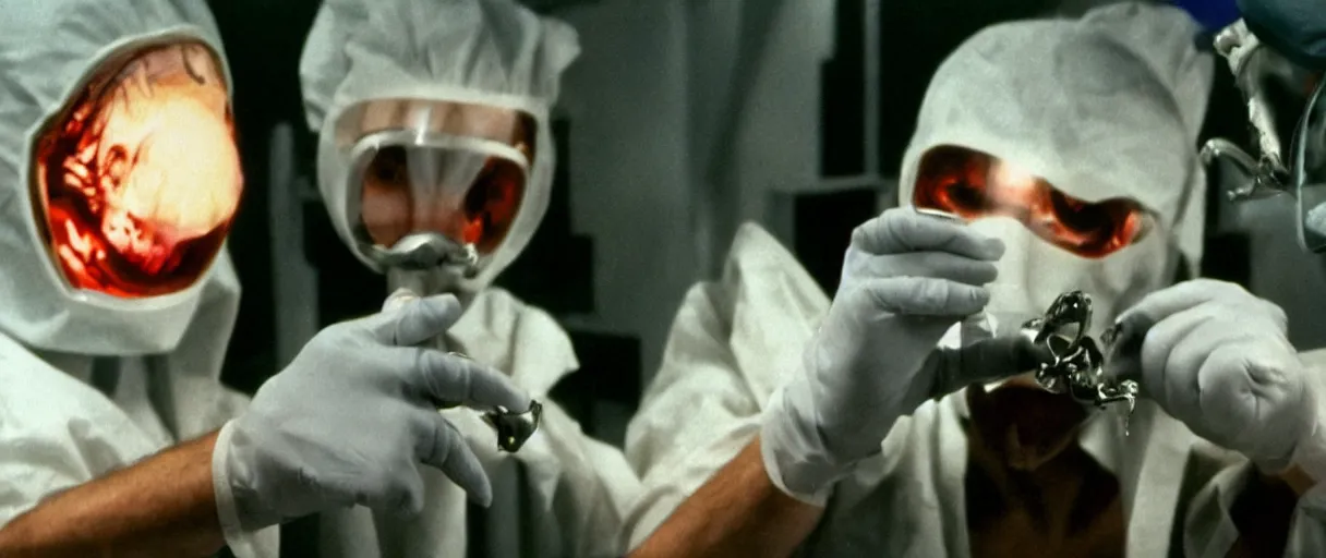 Image similar to filmic dutch angle extreme closeup movie still 4 k uhd 3 5 mm film color photograph of hands wearing surgical gloves being bitten by a dangerous re - animated alien specimen in a lab