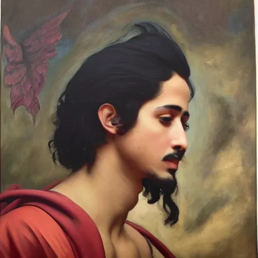 Image similar to Oil painting of the handsome Avan Jogia with angel wings, naturalism, dramatic lighting, high-detailed oil painting by Ilya Repin, Michelangelo da Caravaggio, William Blake, Alex Grey and Beksinski, trending on Artsatio, masterpiece, 4k, 8k,