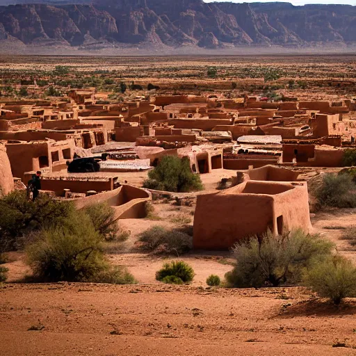 Image similar to on top a wide mesa sits a village of mud and bricks houses, adobe houses, in the arizona desert. Trending on 500px