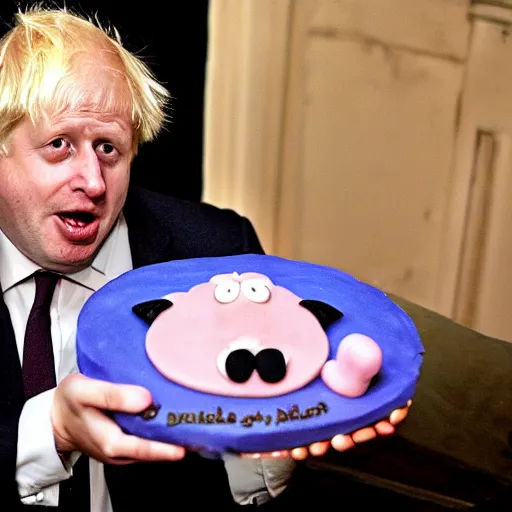 Image similar to pig man boris johnson attacking a cake