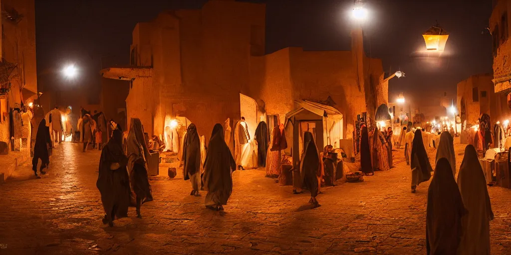 Image similar to el mowlid street rituals in medieval ghardaia, night lights, crowded, cinematic, volumetric light, moody