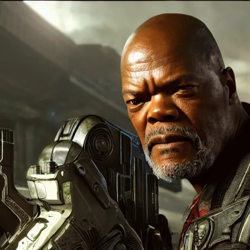 Image similar to Samuel L Jackson in Gears of War, splash art, movie still, cinematic lighting, dramatic, octane render, long lens, shallow depth of field, bokeh, anamorphic lens flare, 8k, hyper detailed, 35mm film grain