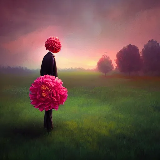 Image similar to giant carnation flower head, girl in suit, surreal photography, sunrise, dramatic light, impressionist painting, digital painting, artstation, simon stalenhag